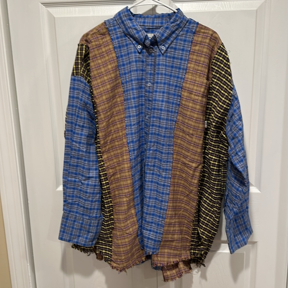 Urban Outfitters BDG Spliced Dad Button Down Shirt Mixed Plaid Pieced Top - Picture 5 of 7
